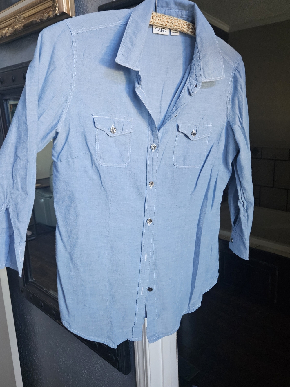 Cato Women's Light Blue Cotton Button-Down Shirt with Chest Pockets, 3/4 Sleeve